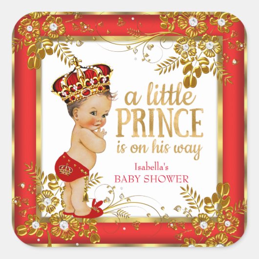 Prince Baby shower Boy Red Gold White Brunette Vierkante Sticker (Voorkant)