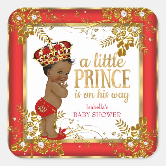 Prince Baby shower Boy Red Gold White Ethnic Vierkante Sticker (Voorkant)