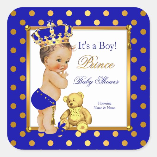 Prince Baby shower Boy Royal Blue Gold Brunette Vierkante Sticker (Voorkant)