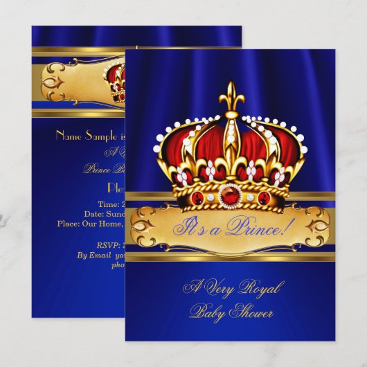 Prince Baby shower Boy Royal Blue Gold Crown Kaart (Voorkant / Achterkant)