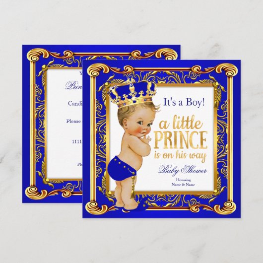 Prince Baby shower Damask Blue Gold Blonde Boy Kaart (Voorkant / Achterkant)