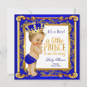 Prince Baby shower Damask Blue Gold Blonde Boy Kaart (Voorkant)
