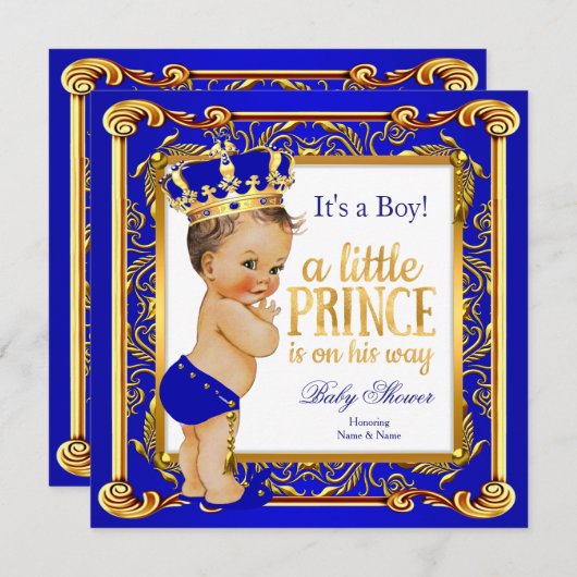 Prince Baby shower Damask Blue Gold Brunette Kaart (Voorkant / Achterkant)