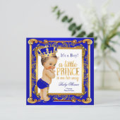 Prince Baby shower Damask Blue Gold Brunette Kaart (Staand voorkant)