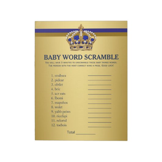 Prince Baby shower Games Prince Word Scramble Notitieblok (Linkerzijde)