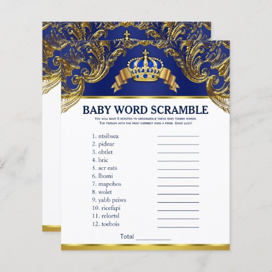 Prince Baby shower Games Word Scramble Rhyme Quiz (Voorkant / Achterkant)