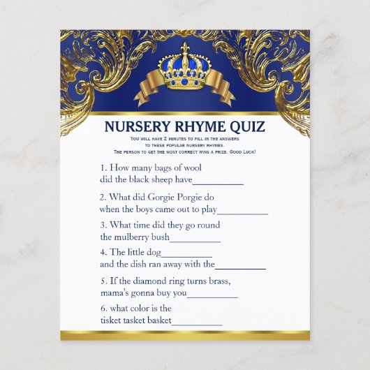 Prince Baby shower Games Word Scramble Rhyme Quiz (Achterkant)