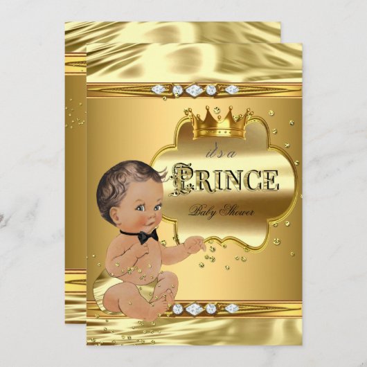 Prince Baby shower Gold Foil Brunette Bow Stropdas Kaart (Voorkant / Achterkant)