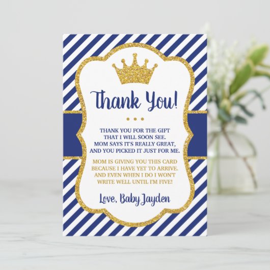 Prince Baby shower Hartelijk dank | Blauw en goud Bedankkaart (Staand voorkant)