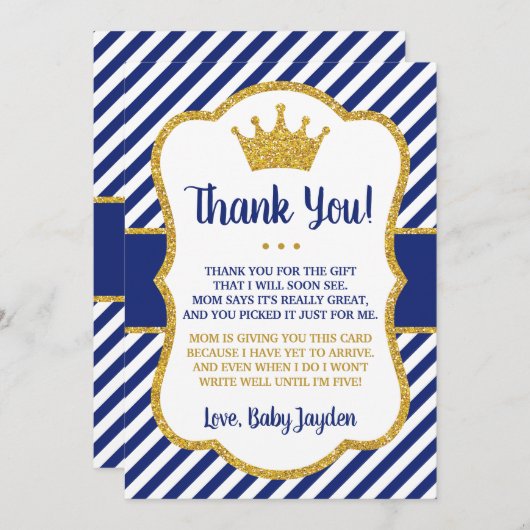 Prince Baby shower Hartelijk dank | Blauw en goud Bedankkaart (Voorkant / Achterkant)