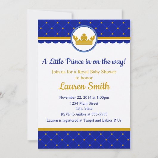 Prince Baby shower Invitation Baby Boy Royal Kaart (Voorkant)