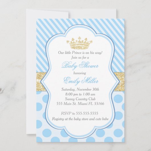 Prince Baby shower Invitation Blue Gold Glitter Kaart (Voorkant)