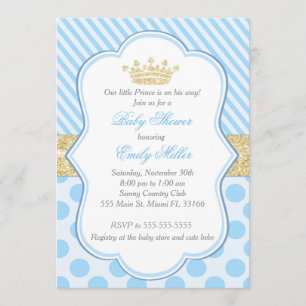 Prince Baby shower Invitation Blue Gold Glitter Kaart