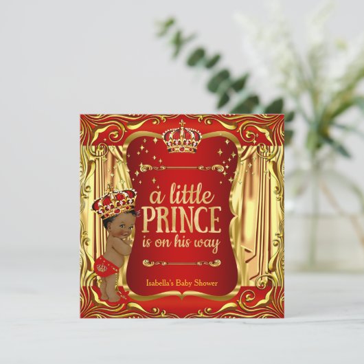 Prince Baby shower Red Gold African American Kaart (Staand voorkant)