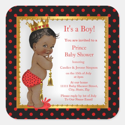 Prince Baby shower Red Gold Black Boy Ethnic Vierkante Sticker (Voorkant)