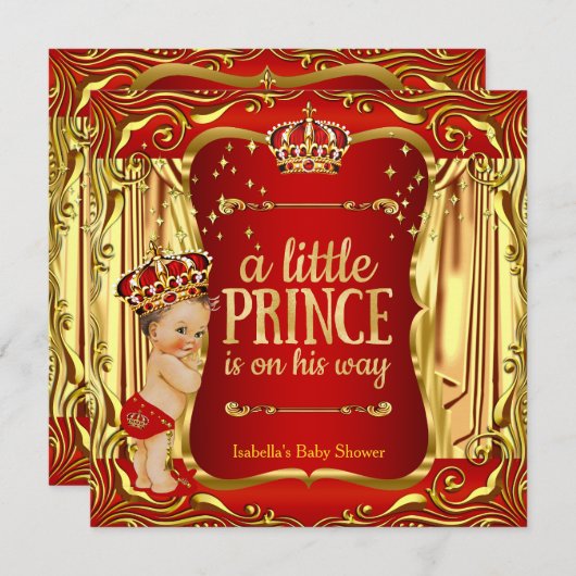 Prince Baby shower Red Gold Boy Brunette Invite Kaart (Voorkant / Achterkant)