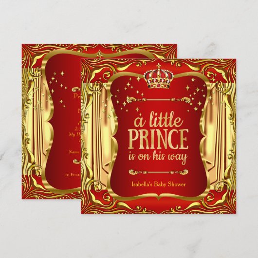 Prince Baby shower Red Gold Boy Uitnodiging (Voorkant / Achterkant)