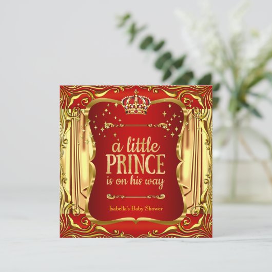 Prince Baby shower Red Gold Boy Uitnodiging (Staand voorkant)