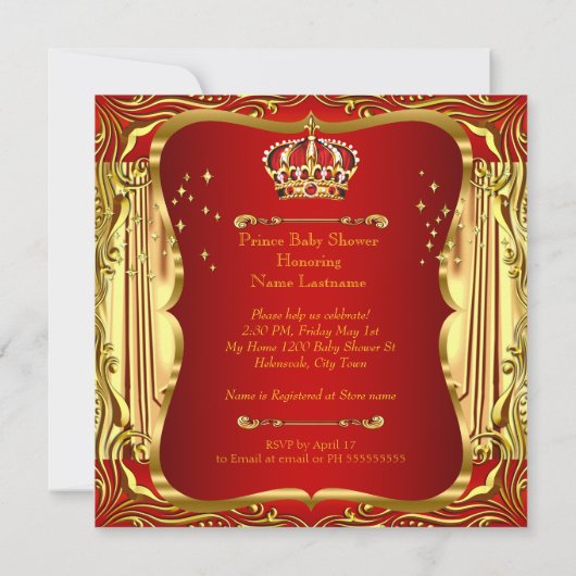 Prince Baby shower Red Gold Boy Uitnodiging (Achterkant)