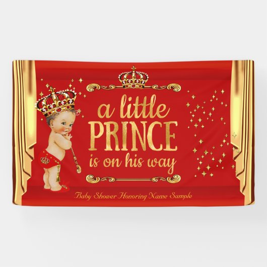 Prince Baby shower Red Gold Drapes Brunette Boy Spandoek (Horizontaal)