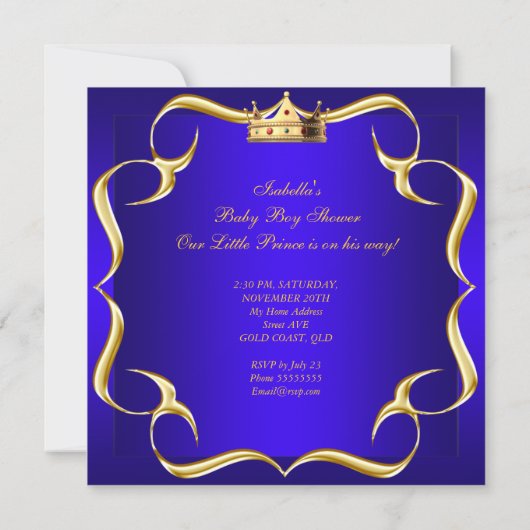 Prince Baby shower Royal Blue Gold Boy Crown 3 Kaart (Achterkant)