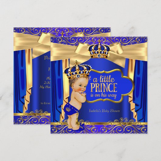 Prince Baby shower Royal Blue Gold Drapes Brunette Kaart (Voorkant / Achterkant)