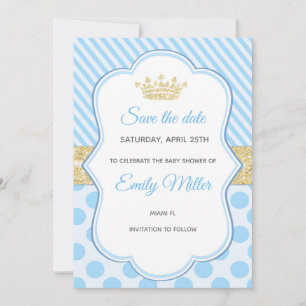 Prince Baby shower Save the Date Blue Gold Glitter