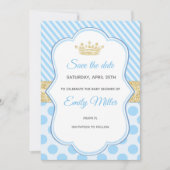 Prince Baby shower Save the Date Blue Gold Glitter (Voorkant)