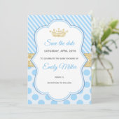 Prince Baby shower Save the Date Blue Gold Glitter (Staand voorkant)