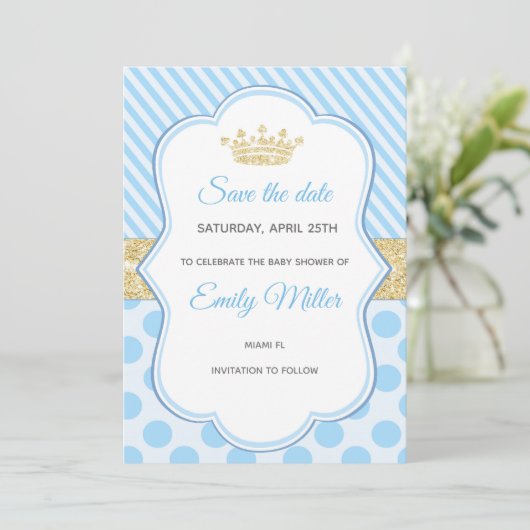Prince Baby shower Save the Date Blue Gold Glitter (Staand voorkant)