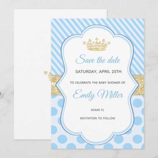 Prince Baby shower Save the Date Blue Gold Glitter (Voorkant / Achterkant)