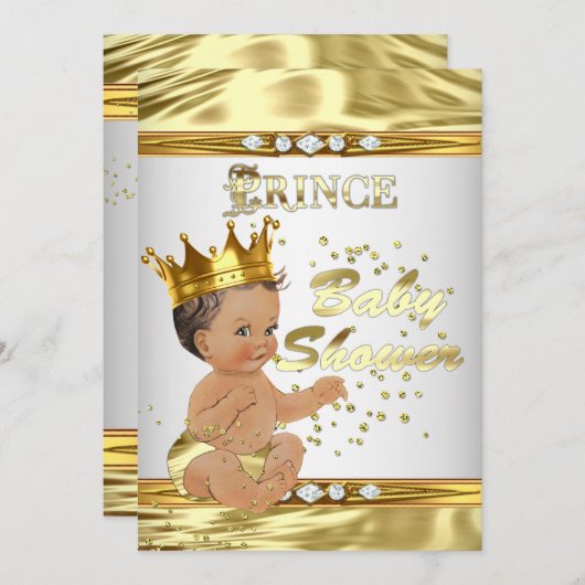 Prince Baby shower White Gold Foil Brunette Kaart (Voorkant / Achterkant)