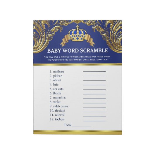 Prince Baby shower Word Scramble Games Notitieblok (Linkerzijde)
