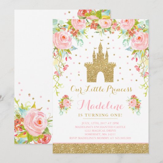 Prince Birthday Invitation Gold Princess Catle Kaart (Voorkant / Achterkant)