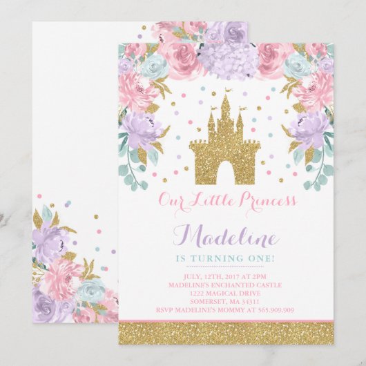 Prince Birthday Invitation Gold Princess Catle Kaart (Voorkant / Achterkant)