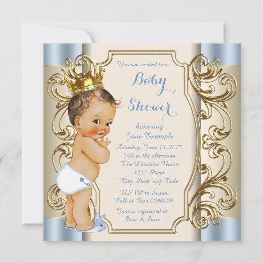  Prince Blauw en Goud Baby shower Kaart (Achterkant)