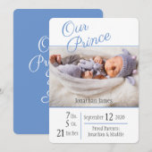Prince Blue Baby Boy Elegant Fotonaam geboorte Aankondiging (Voorkant / Achterkant)