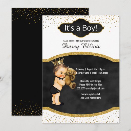 Prince Boy Baby shower | Black Faux Gold Glitter Kaart (Voorkant / Achterkant)