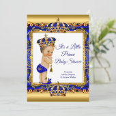 Prince Boy Baby shower Blue  Gold Brunette Kaart (Staand voorkant)