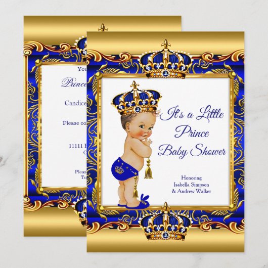 Prince Boy Baby shower Blue  Gold Brunette Kaart (Voorkant / Achterkant)