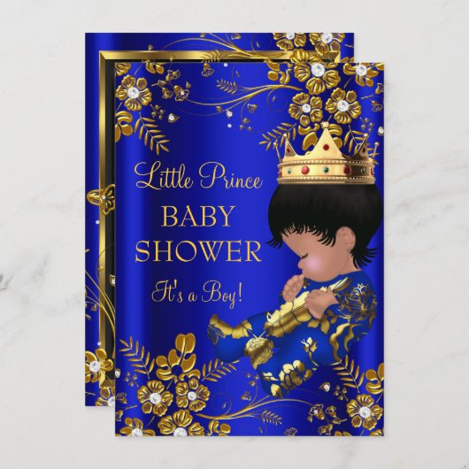 Prince Boy Baby shower Blue Gold Invitation Kaart (Voorkant / Achterkant)