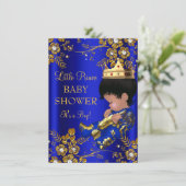 Prince Boy Baby shower Blue Gold Invitation Kaart (Staand voorkant)