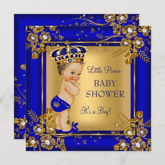 Prince Boy Baby shower Gold Blue Brunette Kaart (Voorkant / Achterkant)