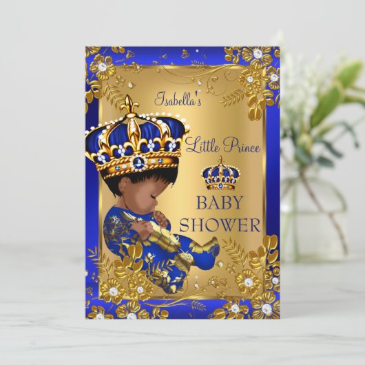 Prince Boy Baby shower Gold Blue Crown Ethnic Kaart (Staand voorkant)