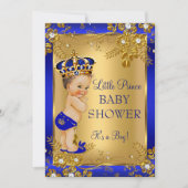 Prince Boy Baby shower Gold Blue Floral Brunette Kaart (Voorkant)
