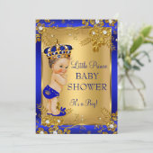 Prince Boy Baby shower Gold Blue Floral Brunette Kaart (Staand voorkant)