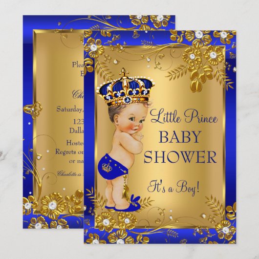 Prince Boy Baby shower Gold Blue Floral Brunette Kaart (Voorkant / Achterkant)