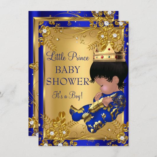 Prince Boy Baby shower Gold & Blue Invitation Kaart (Voorkant / Achterkant)