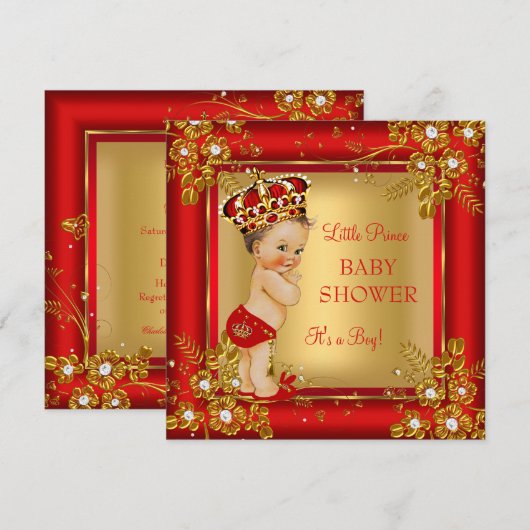Prince Boy Baby shower Gold Red Brunette Kaart (Voorkant / Achterkant)