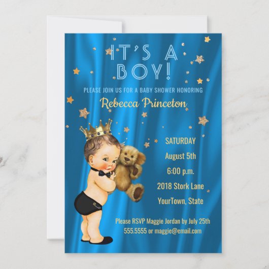 Prince Boy Baby shower Invitation Blue Gold Stars Kaart (Voorkant)